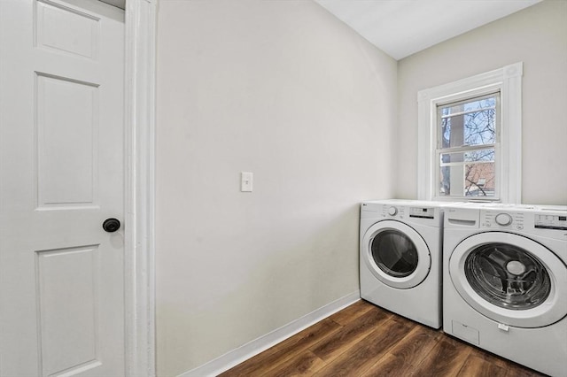 18 Lyon St Unit 2, Boston, MA 02122 - laundry room featuring washer and clothes dryer, dark wood finished floors, and baseboards
