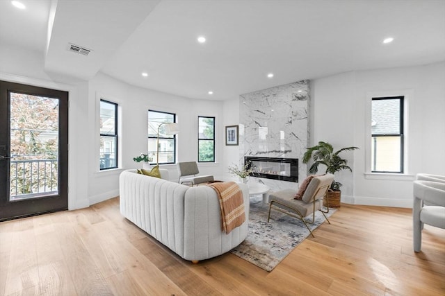 42 Bower St Unit 2, Medford, MA 02155 - living area featuring baseboards, light wood-style floors, recessed lighting, and a premium fireplace