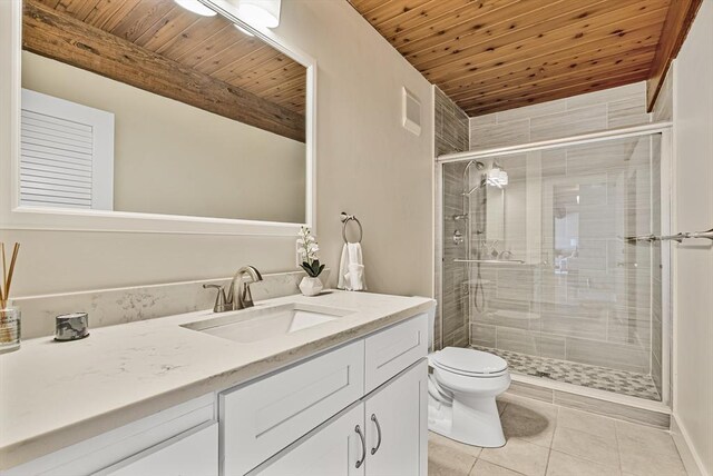 17 Wagon Wheel Rd, Winchester, MA 01890 - full bath with tile patterned floors, vanity, toilet, wood ceiling, and a shower stall