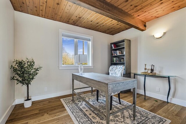 17 Wagon Wheel Rd, Winchester, MA 01890 - home office featuring wood ceiling with exposed beams, wood finished floors, and baseboards