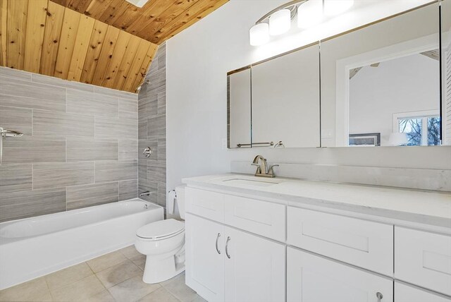 17 Wagon Wheel Rd, Winchester, MA 01890 - full bathroom with tile patterned floors, toilet, wood ceiling, vanity, and bathtub / shower combination