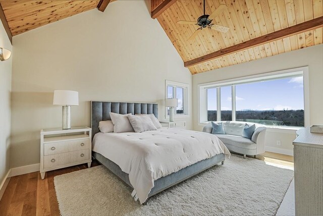 17 Wagon Wheel Rd, Winchester, MA 01890 - bedroom with wood ceiling with exposed beams, wood finished floors, baseboards, high vaulted ceiling, and ceiling fan
