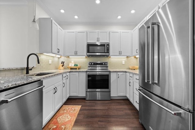69 Foundry St Unit 305, Wakefield, MA 01880 - kitchen featuring appliances with stainless steel finishes, light stone countertops, recessed lighting, dark wood-type flooring, and decorative backsplash