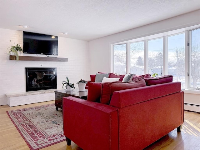 living room featuring a baseboard radiator, hardwood / wood-style floors, and a fireplace