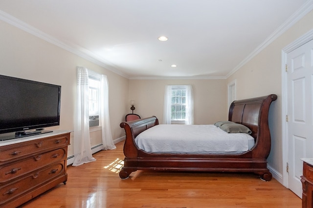 bedroom featuring light wood-type flooring, cooling unit, baseboard heating, and ornamental molding