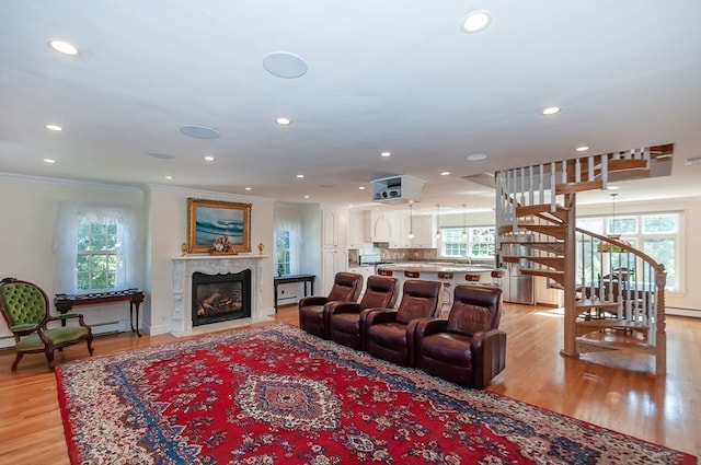 living room featuring ornamental molding, light hardwood / wood-style flooring, sink, and a premium fireplace