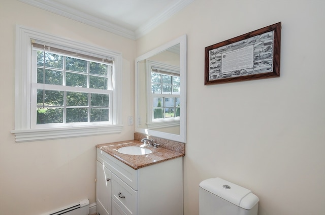 bathroom featuring vanity, toilet, ornamental molding, and a baseboard radiator