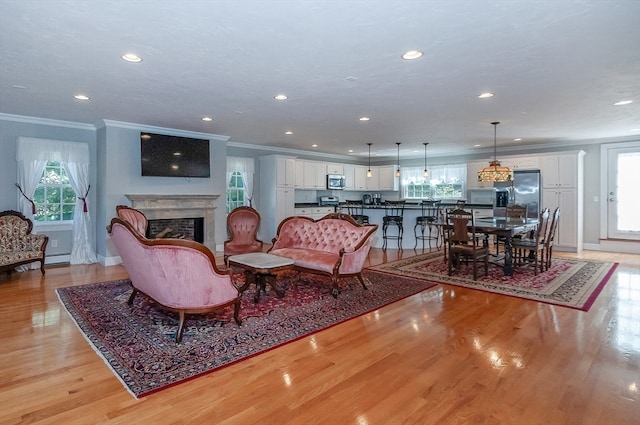 living room featuring crown molding and light hardwood / wood-style floors