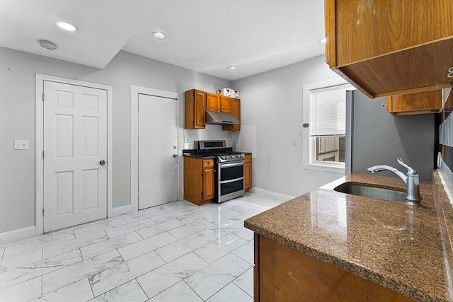 kitchen featuring double oven range and sink