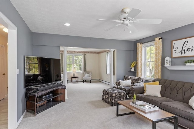 4 Quail Run Dr, Methuen, MA 01844 - carpeted living room featuring ornate columns, baseboards, ceiling fan, and recessed lighting