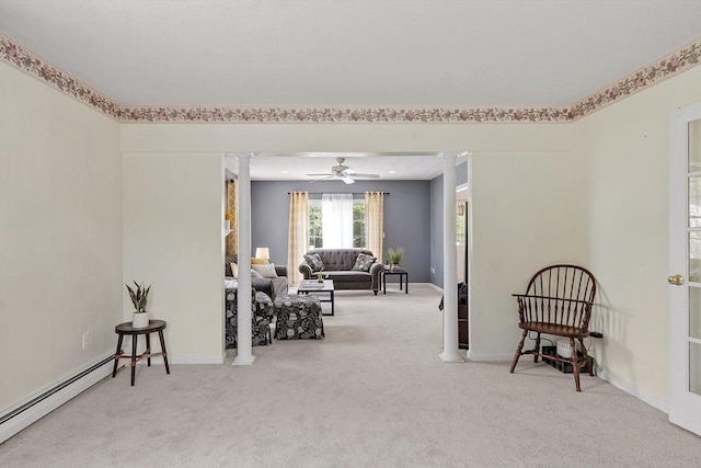 4 Quail Run Dr, Methuen, MA 01844 - sitting room with a baseboard radiator, carpet floors, decorative columns, and ceiling fan