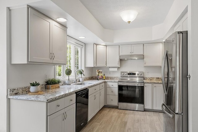4 Quail Run Dr, Methuen, MA 01844 - kitchen featuring appliances with stainless steel finishes, a sink, under cabinet range hood, light wood-style floors, and light stone counters