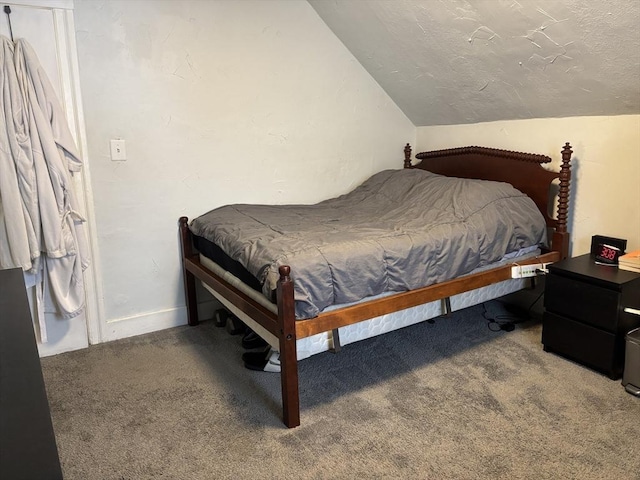 carpeted bedroom with lofted ceiling and a textured ceiling