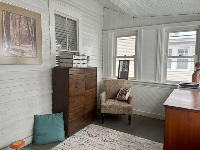 living area with wood walls