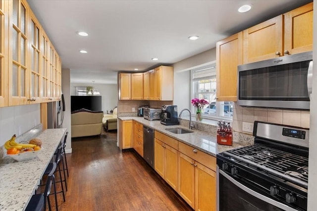859 Pleasant St, Canton, MA 02021 - kitchen with a sink, light stone countertops, appliances with stainless steel finishes, and dark wood finished floors