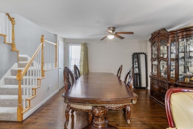 859 Pleasant St, Canton, MA 02021 - dining room featuring baseboards, a ceiling fan, wood finished floors, and stairs