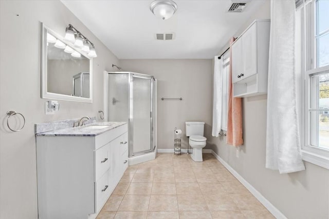 859 Pleasant St, Canton, MA 02021 - bathroom with a shower stall, vanity, tile patterned flooring, visible vents, and toilet