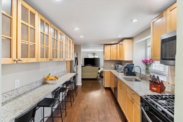 859 Pleasant St, Canton, MA 02021 - kitchen with glass insert cabinets, light stone countertops, dark wood-type flooring, appliances with stainless steel finishes, and a sink