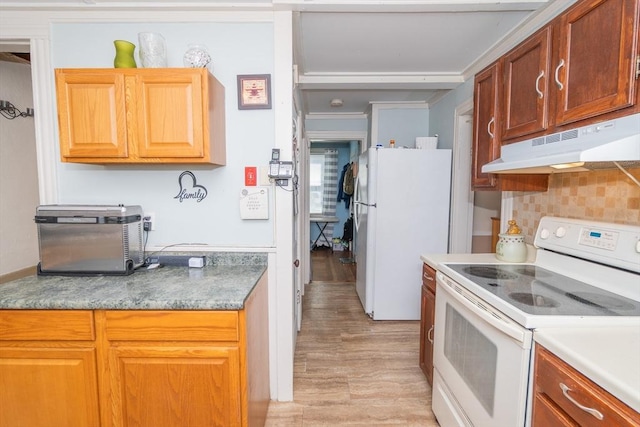 kitchen with light wood-style floors, white appliances, and under cabinet range hood