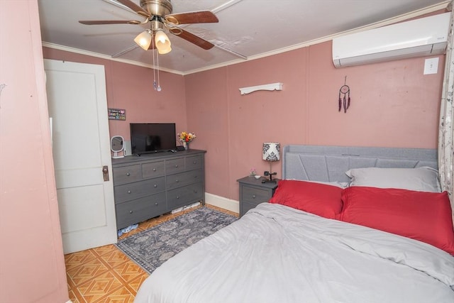 bedroom with a wall mounted air conditioner, ornamental molding, and a ceiling fan