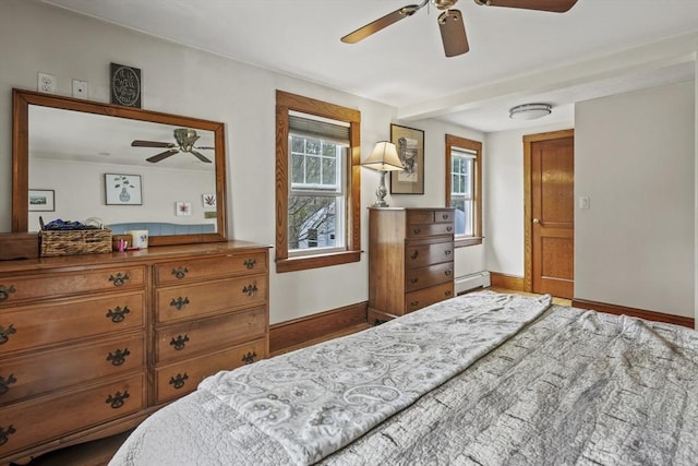 bedroom with baseboards, a ceiling fan, and a baseboard heating unit