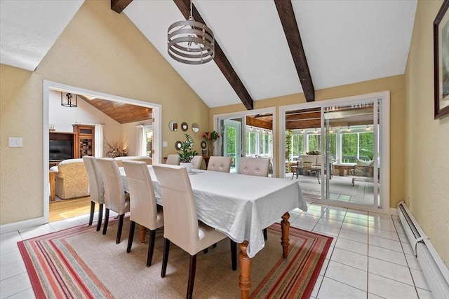 16 Gilbert Way, Millbury, MA 01527 - dining space featuring a baseboard heating unit, beamed ceiling, light tile patterned floors, baseboards, and high vaulted ceiling