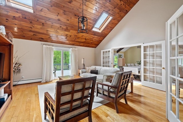 16 Gilbert Way, Millbury, MA 01527 - living area with a skylight, baseboard heating, french doors, wooden ceiling, and high vaulted ceiling