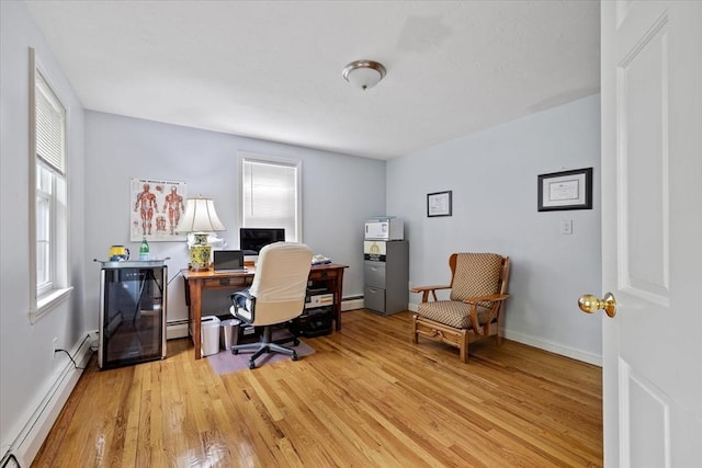 16 Gilbert Way, Millbury, MA 01527 - home office with baseboard heating, light wood finished floors, baseboards, and a baseboard radiator
