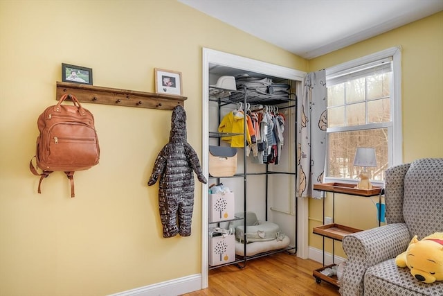 mudroom featuring baseboards and wood finished floors