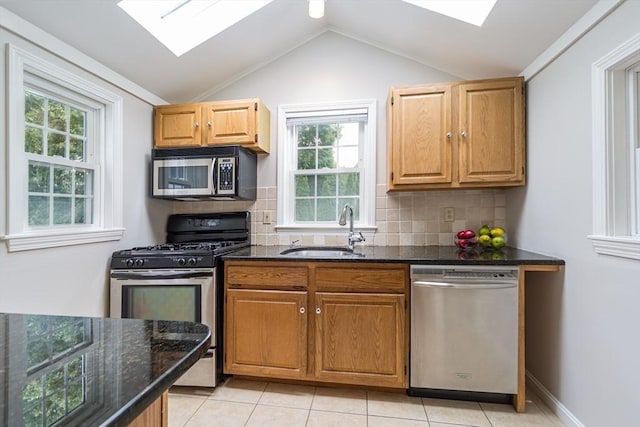 6 Gilbert Rd, Natick, MA 01760 - kitchen featuring stainless steel appliances, a skylight, a sink, healthy amount of natural light, and vaulted ceiling