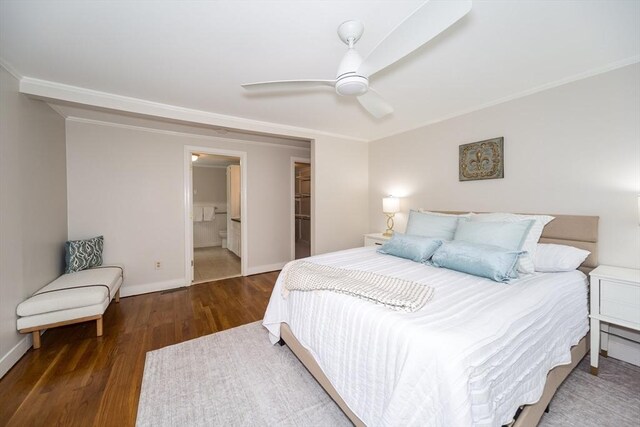 6 Gilbert Rd, Natick, MA 01760 - bedroom featuring wood finished floors, baseboards, ornamental molding, ceiling fan, and ensuite bath