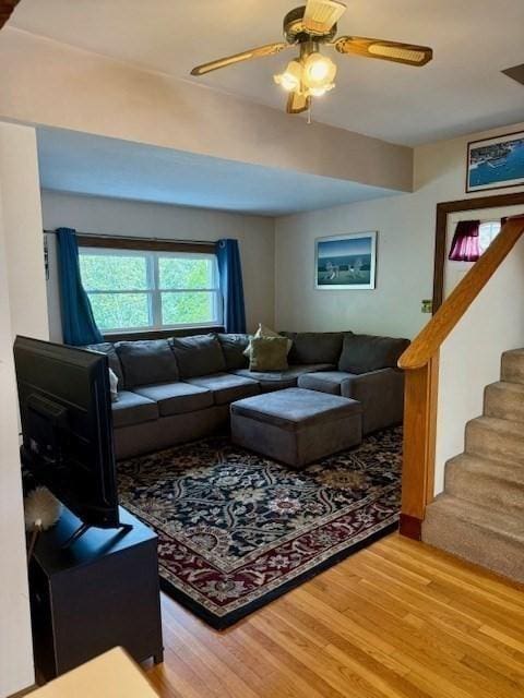 14 Pequot Rd, Weymouth, MA 02191 - living area with light wood finished floors, stairs, and a ceiling fan