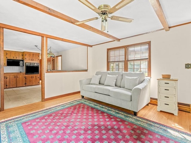 1 Winter Dr, Seekonk, MA 02771 - living area with light wood-style floors, a ceiling fan, and beam ceiling