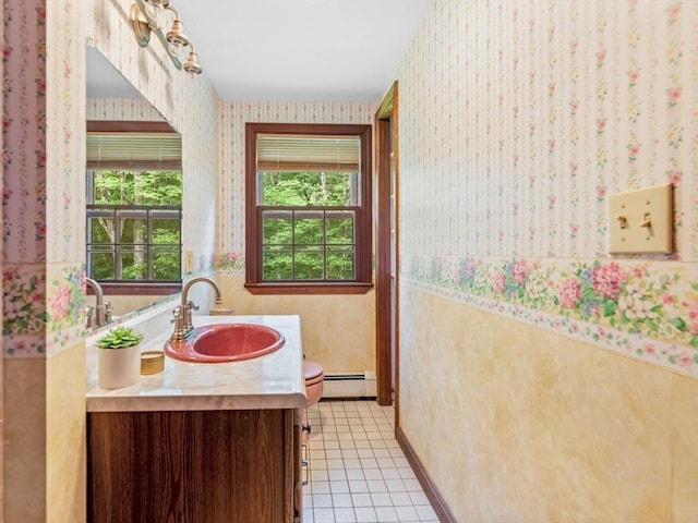 1 Winter Dr, Seekonk, MA 02771 - full bath with wallpapered walls, tile patterned floors, vanity, wainscoting, and a baseboard radiator