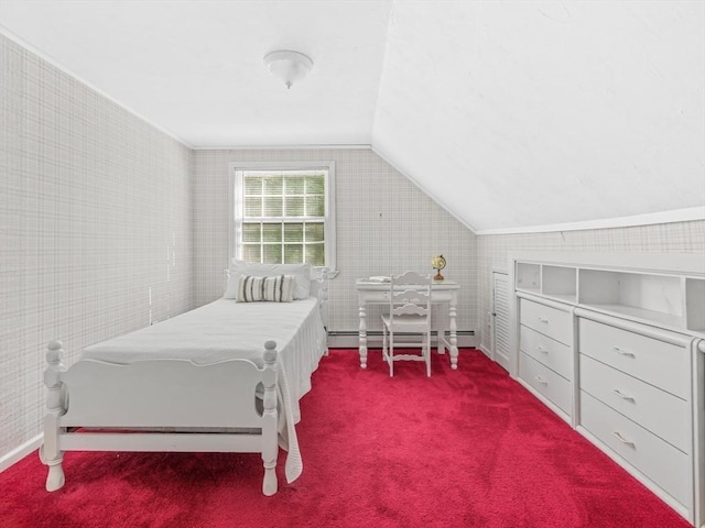 1 Winter Dr, Seekonk, MA 02771 - bedroom featuring a baseboard heating unit, dark carpet, and vaulted ceiling