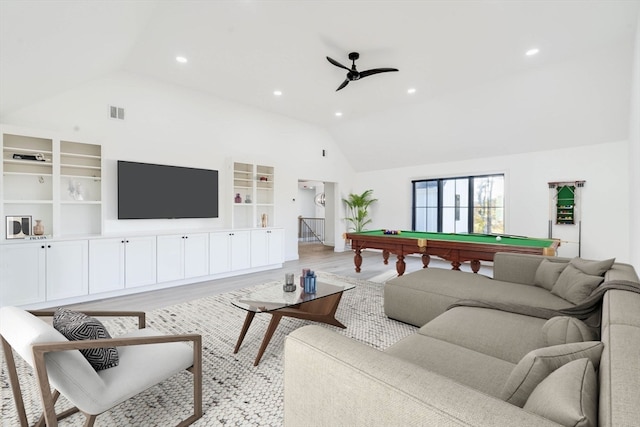 living room with light hardwood / wood-style floors, high vaulted ceiling, pool table, and ceiling fan