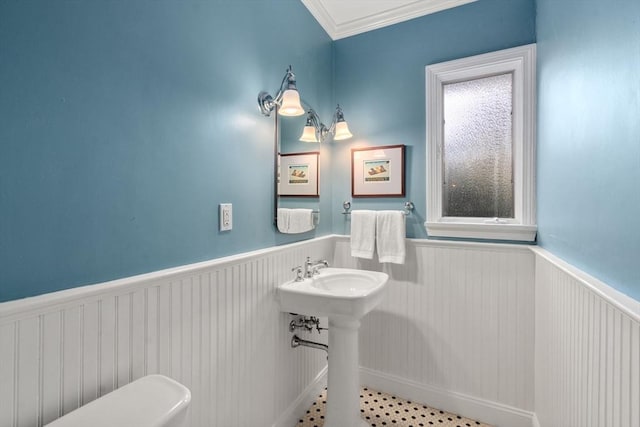 bathroom featuring ornamental molding and a wainscoted wall