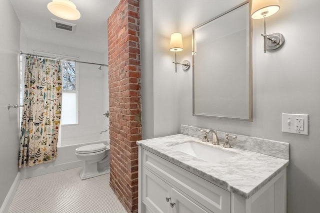 bathroom featuring shower / bath combination with curtain, vanity, tile patterned flooring, visible vents, and toilet