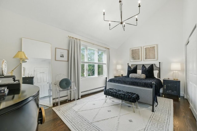 14 Turning Mill Ln Unit 14, Quincy, MA 02169 - bedroom featuring a chandelier, dark wood-style floors, high vaulted ceiling, and baseboard heating