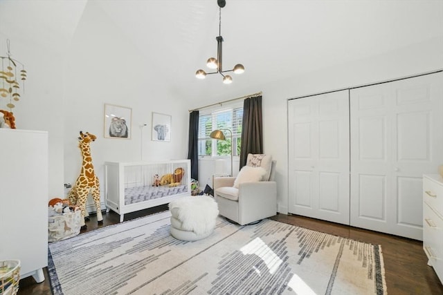 14 Turning Mill Ln Unit 14, Quincy, MA 02169 - bedroom with a chandelier, wood finished floors, a closet, and high vaulted ceiling