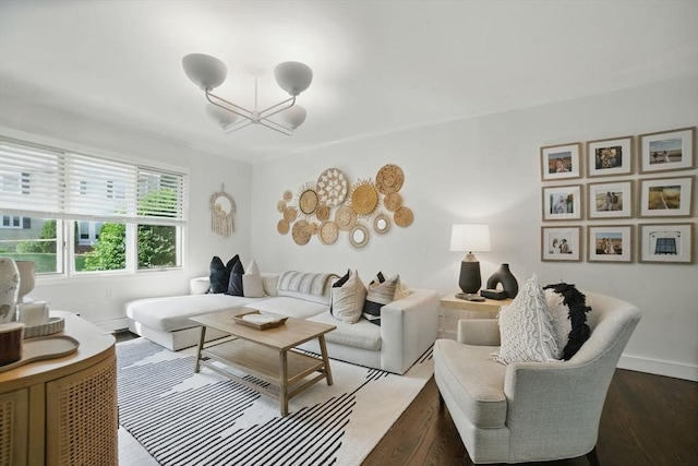 14 Turning Mill Ln Unit 14, Quincy, MA 02169 - living room featuring dark wood-style floors and a chandelier