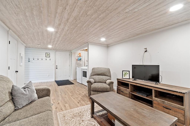 24 Joel Scott Dr, Holden, MA 01520 - living room featuring recessed lighting, wood ceiling, wood finished floors, and washer / dryer