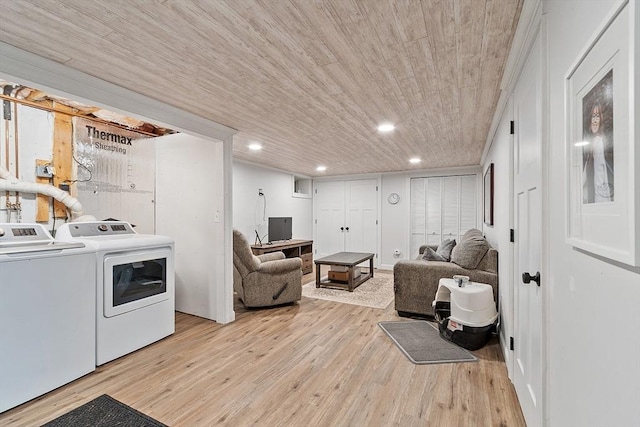 24 Joel Scott Dr, Holden, MA 01520 - living room featuring washer and clothes dryer, light wood-style floors, recessed lighting, and wooden ceiling
