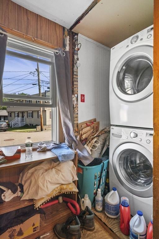 41 Endicott St, Danvers, MA 01923 - laundry room featuring stacked washer / dryer