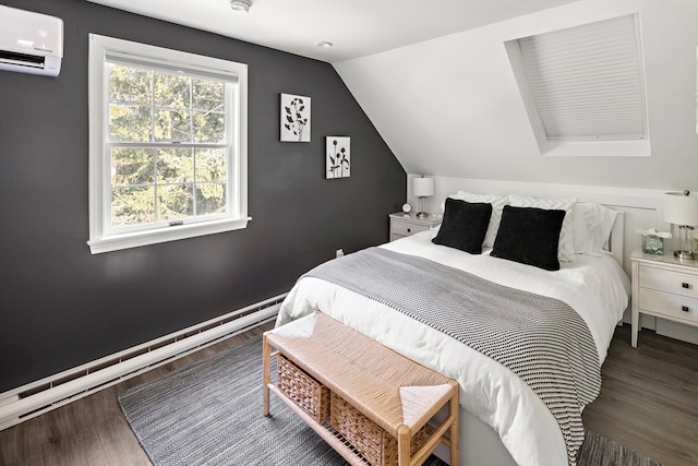 bedroom with dark hardwood / wood-style flooring, a wall mounted air conditioner, and vaulted ceiling