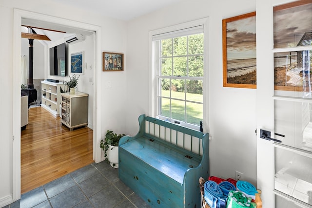 interior space featuring dark wood-type flooring and an AC wall unit