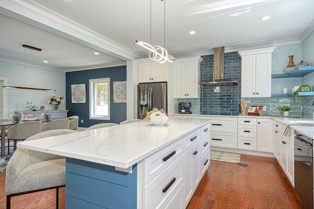 147 Ridge St, Arlington, MA 02474 - kitchen featuring ornamental molding, wall chimney exhaust hood, backsplash, dark wood-style floors, and black appliances
