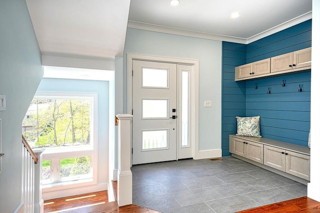 147 Ridge St, Arlington, MA 02474 - mudroom with crown molding, recessed lighting, baseboards, and a healthy amount of sunlight