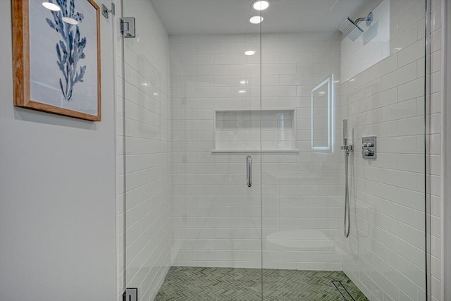 147 Ridge St, Arlington, MA 02474 - bathroom featuring recessed lighting, tile patterned flooring, and a stall shower
