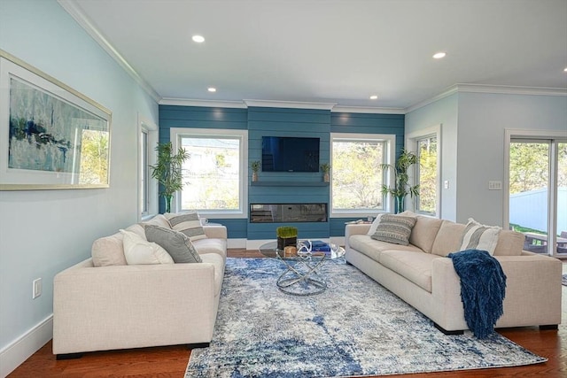 147 Ridge St, Arlington, MA 02474 - living room featuring crown molding, dark wood-style flooring, baseboards, and recessed lighting